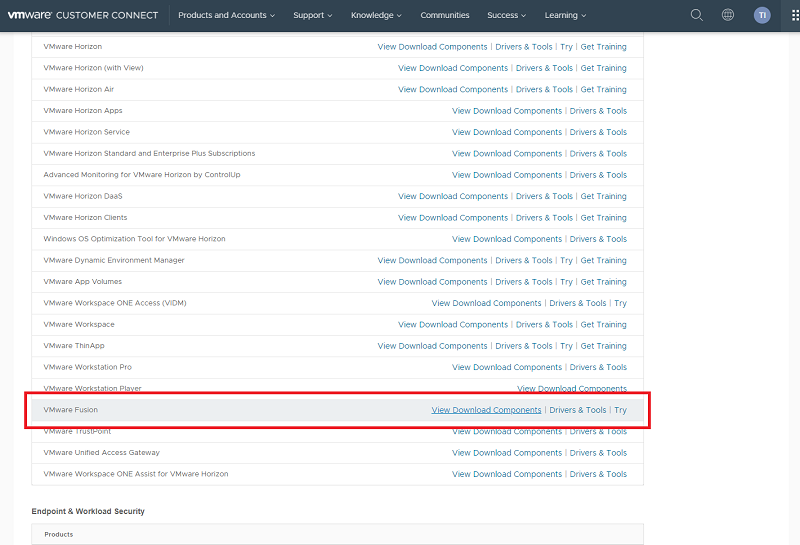 VMware FusionのVuew Download Components