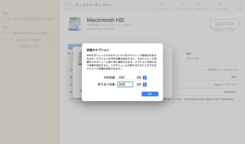 容量オプションを設定