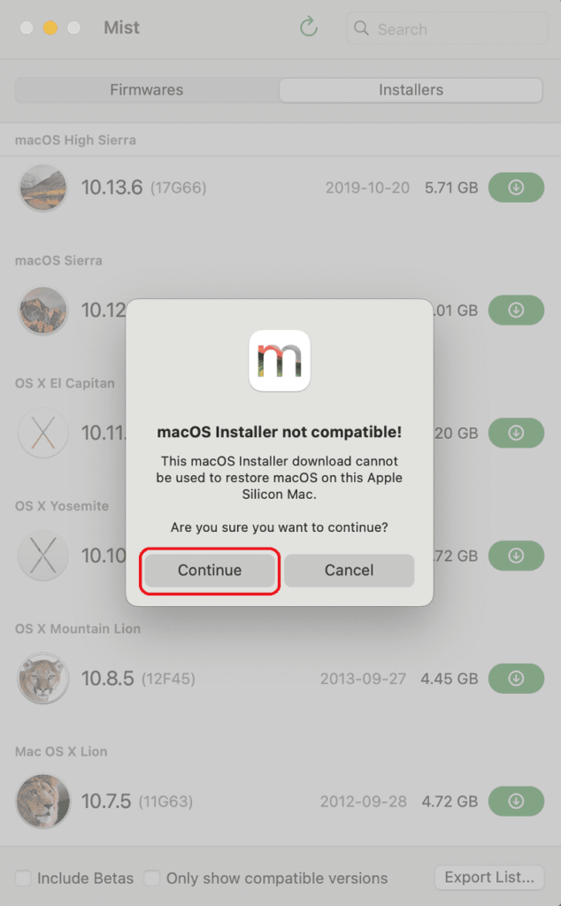 macOSインストーラーは互換性がありません