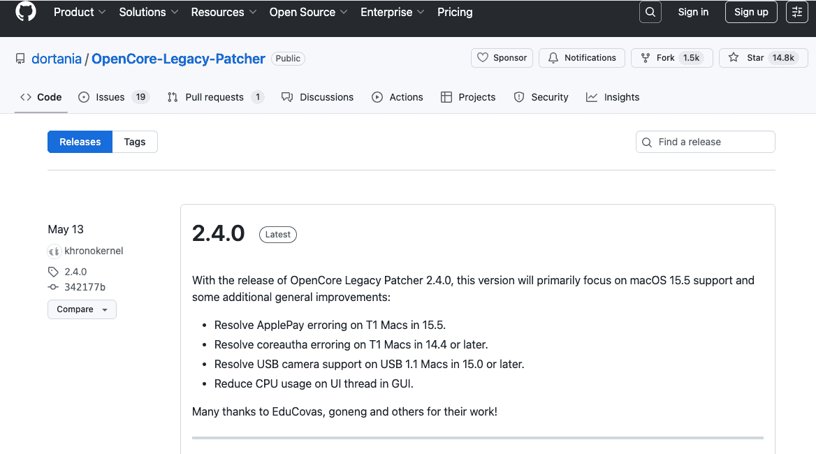 OpenCore Legacy Patcherをダウンロード