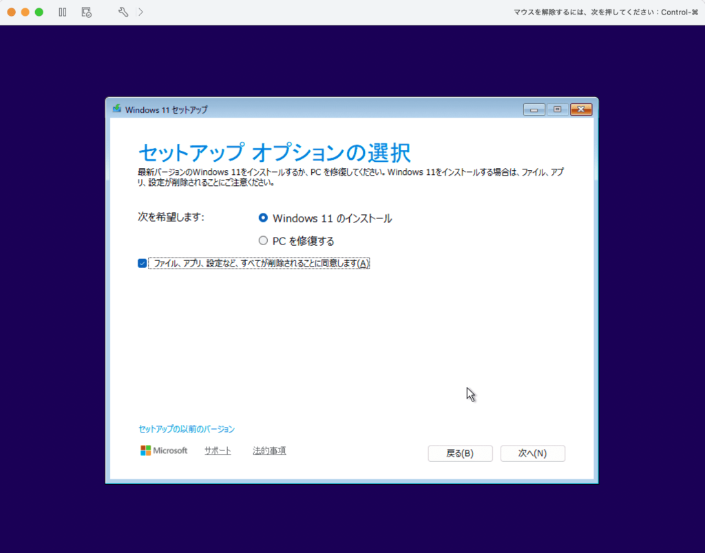 セットアップオプションの選択