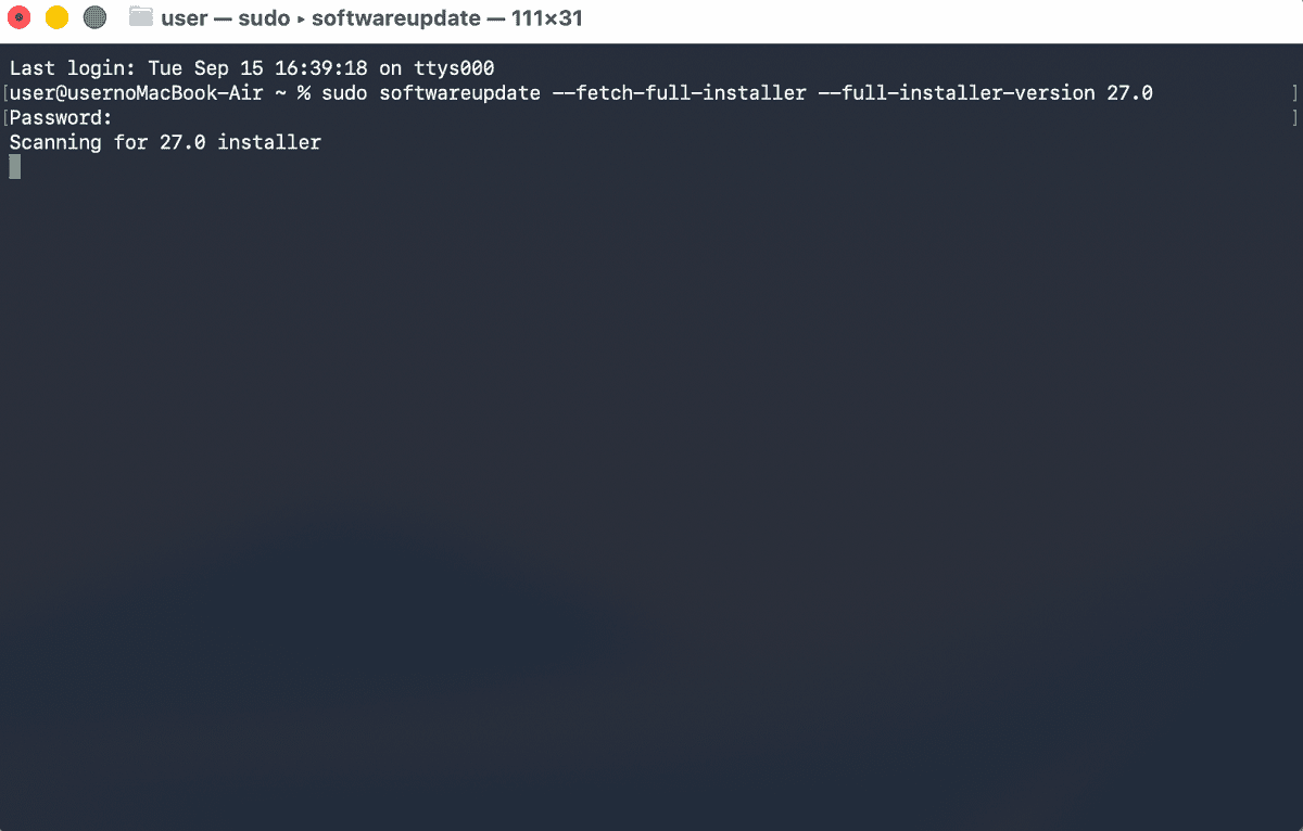 macOS 27のダウンロード コマンドを入力