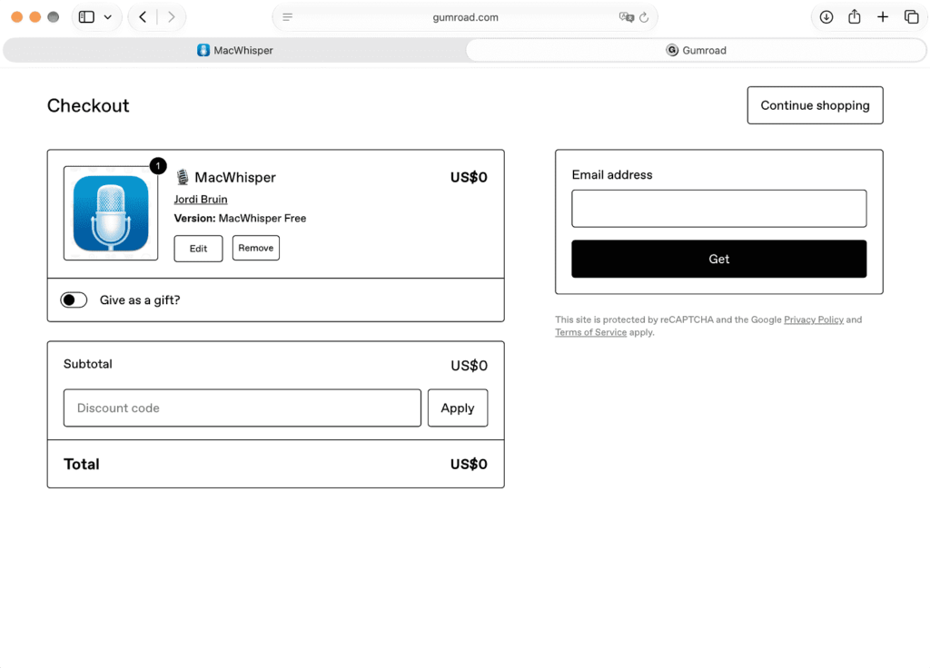 Mac向けAIアプリ MacWhisperのサイトからダウンロード
メールアドレスを登録