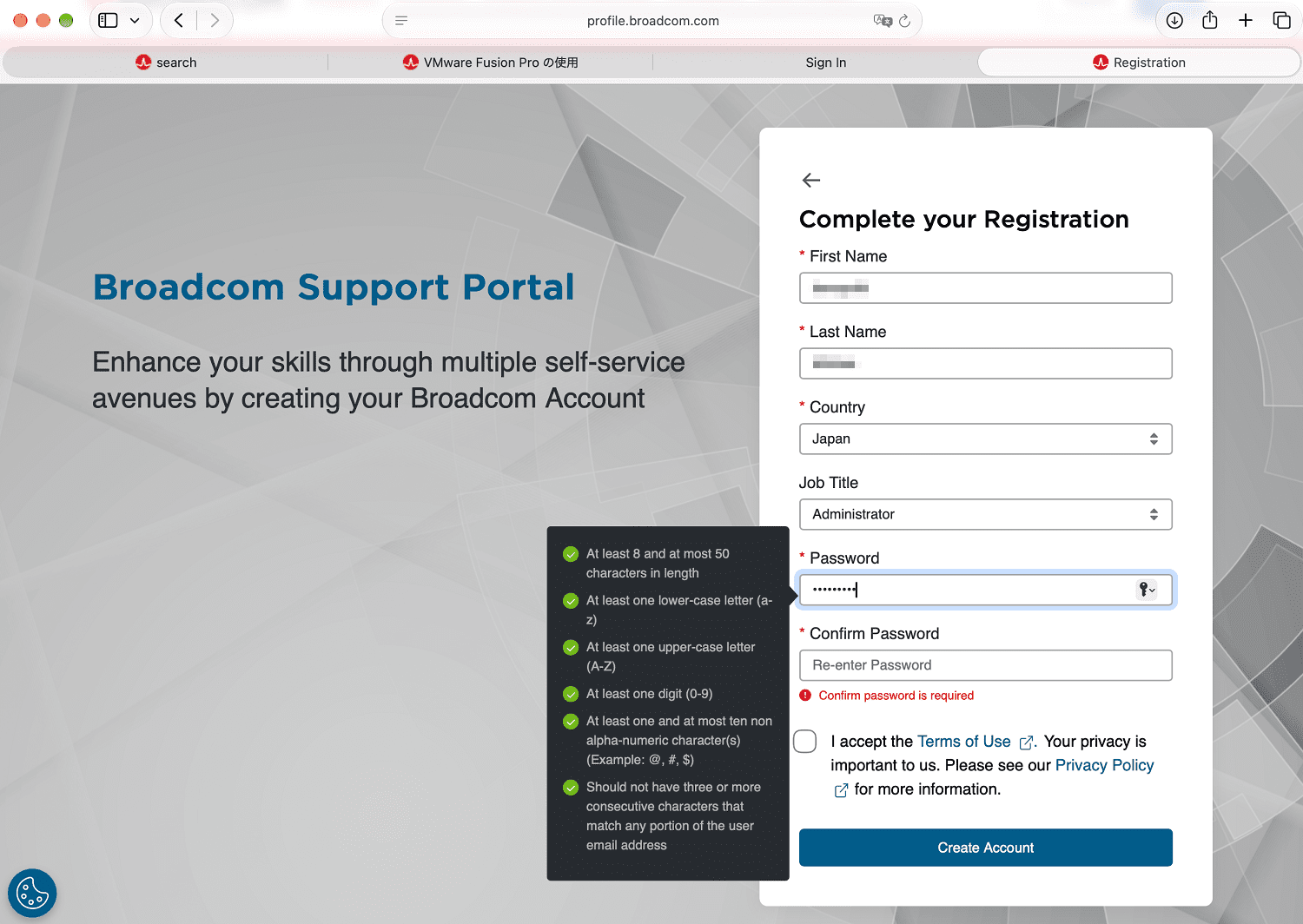 名前・国・パスワード等の基本情報を入力し「Create Account」をクリック