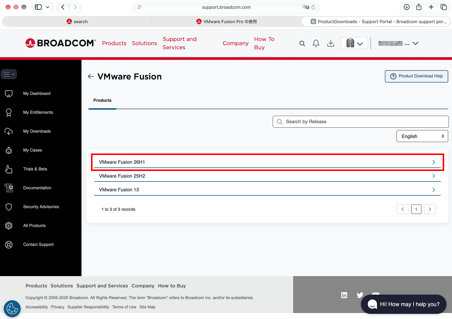 製品一覧から「VMware Fusion 26H1」を選択