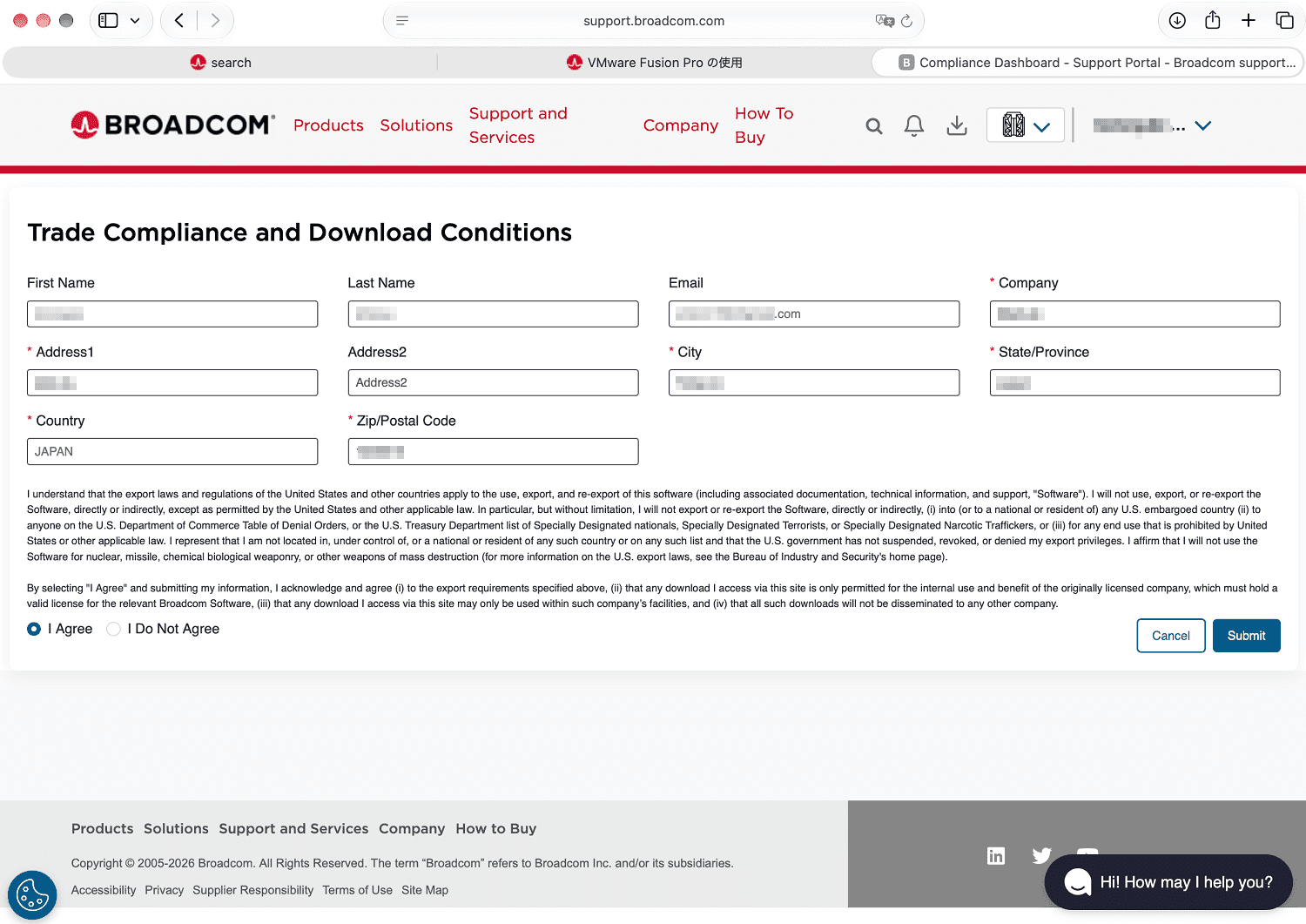 Trade Compliance画面で必要情報を入力し「I Agree」にチェックを入れてSubmitをクリック】