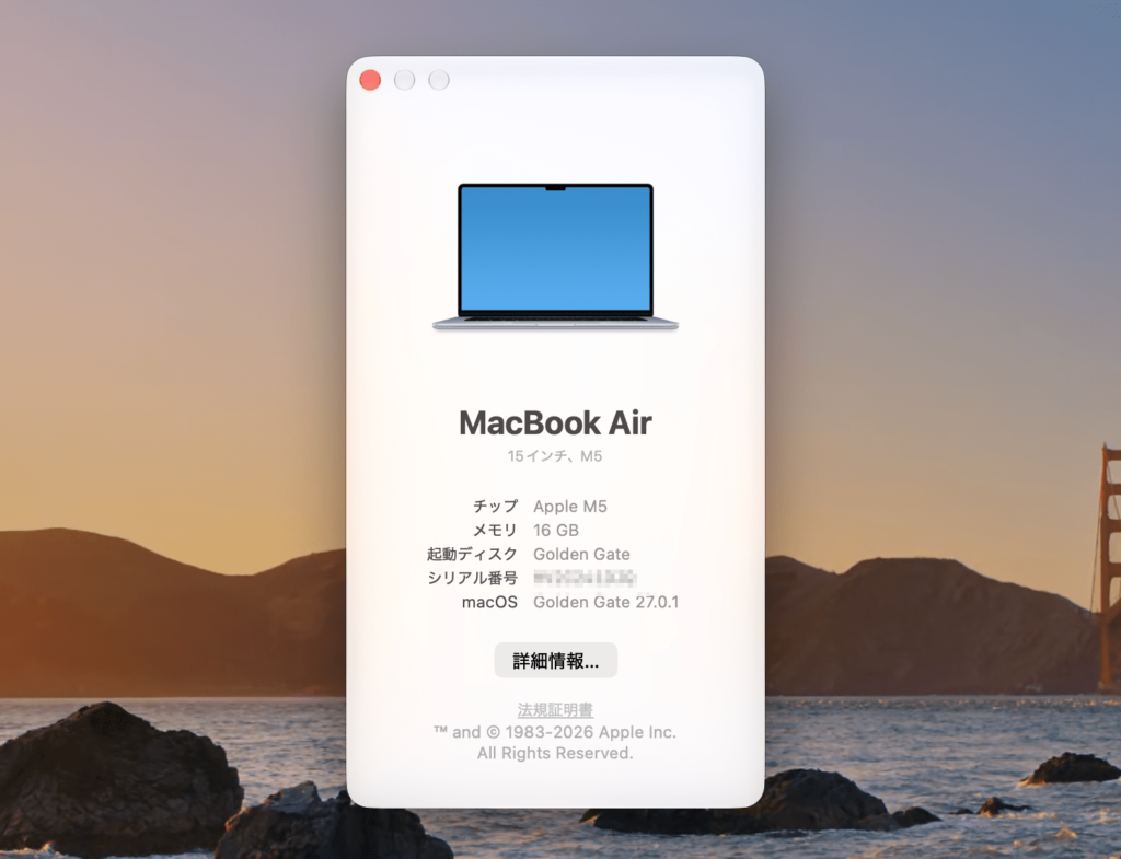 検証に使用するMacのシステム情報画面(このMacについて)
