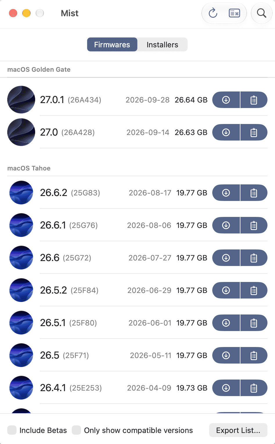 MISTのFirmwaresタブからmacOS Tahoeを選択