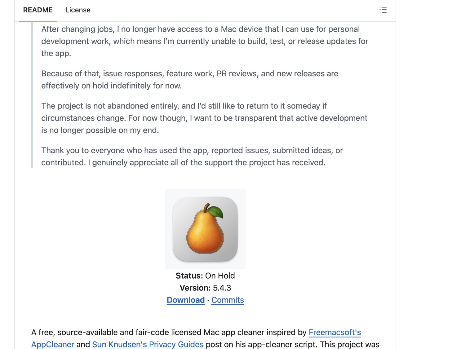 PearCleaner公式GitHubページのREADMEと開発ステータスの案内画面