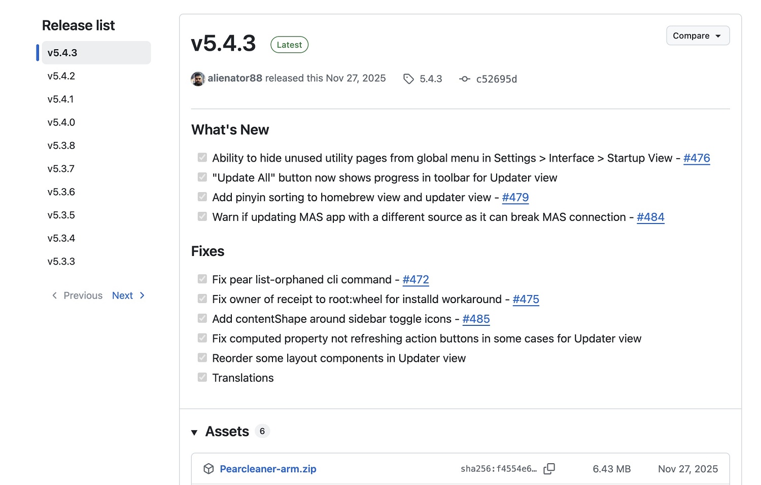 PearCleaner Releasesページのバージョン5.4.3とAssetsダウンロード画面